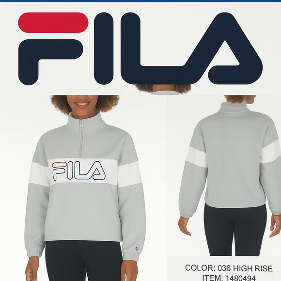 FILA ladies’ Logo 1/2 Zip Fleece Jacket Sweater. Color: Gray /White, L - Picture 1 of 3